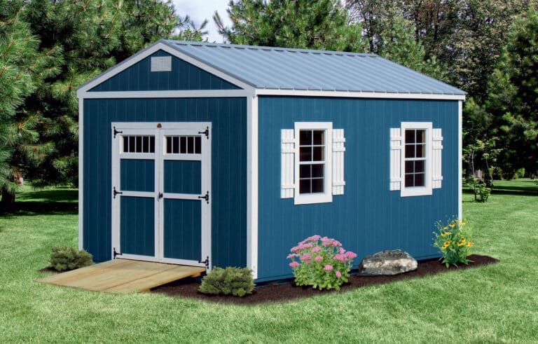 blue utility shed with white trim built after obtaining shed permit in Indiana