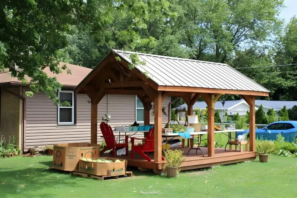 Rustic outdoor pavilion used as farmer's market stand in Fremont IN