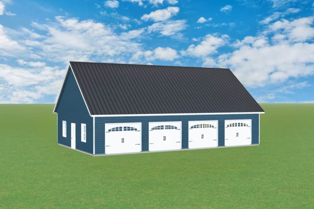 Blue four car garage with white garage doors. white single door, and two windows. Gray roof on top of garage shed