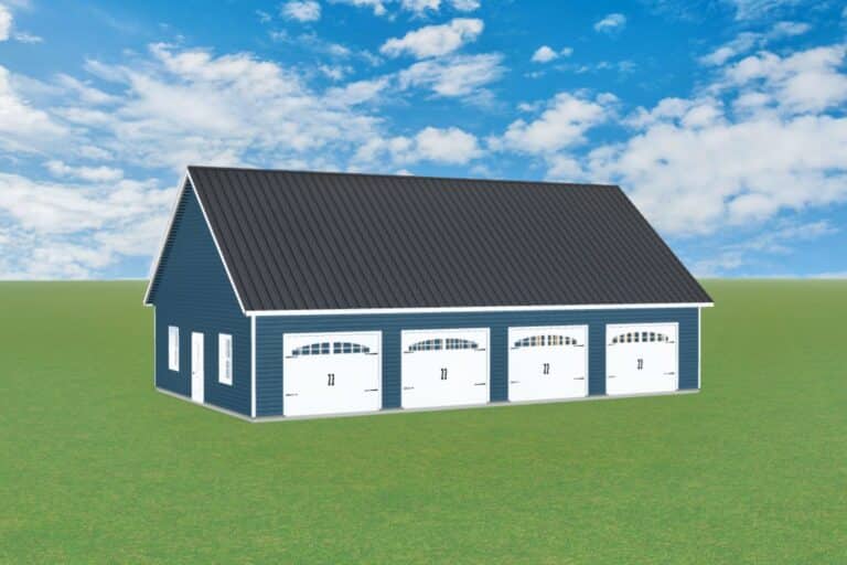 Blue four car garage with white garage doors. white single door, and two windows. Gray roof on top of garage shed