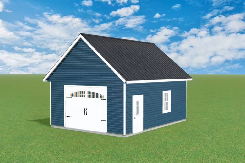 Computer mock up of one care garage with blue siding, white garage door, walk-in door, and window with white shutter and trim.