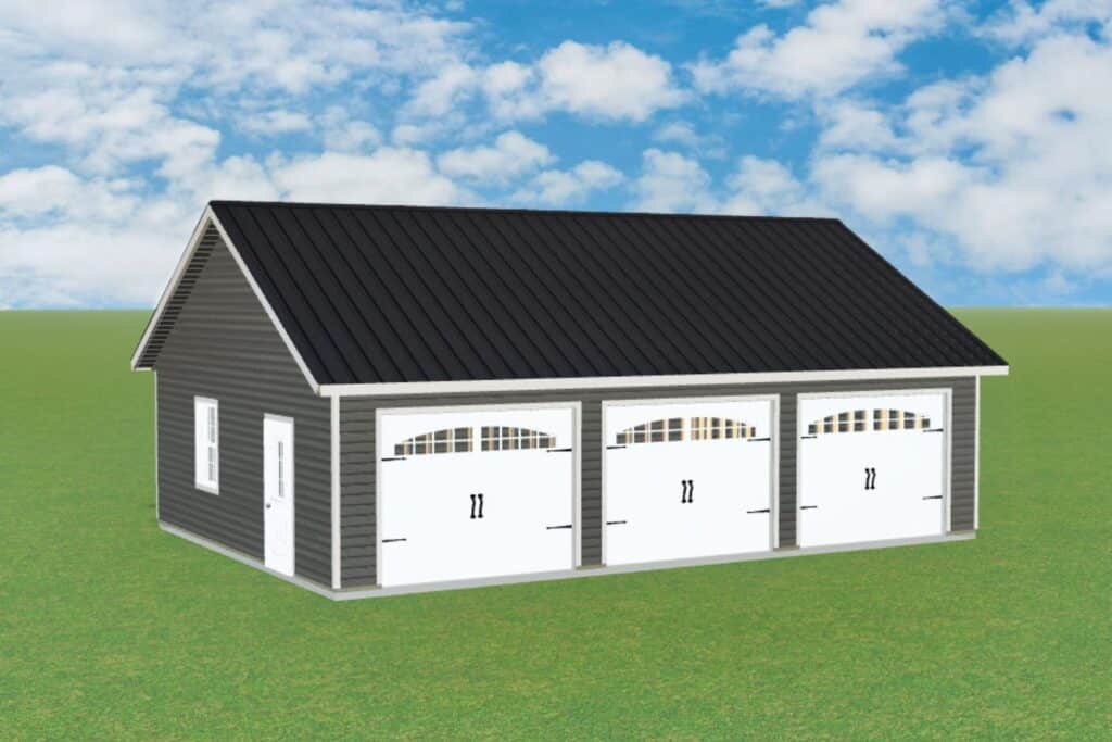 Brown-beige three-car garage with white garage doors with black handles. Garage has white trim and a single white door with a window on side
