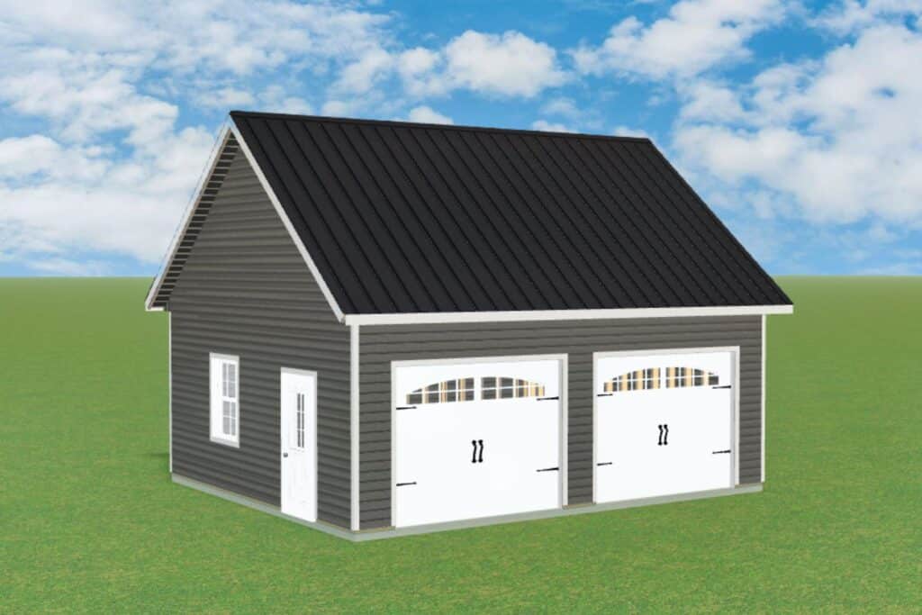 Gray and brown two car garage with white garage doors, white trim, and white single side door.