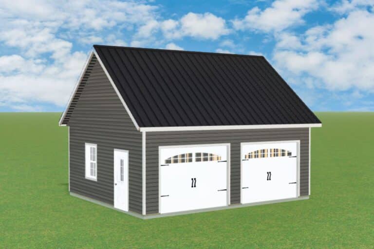 Gray and brown two car garage with white garage doors, white trim, and white single side door.