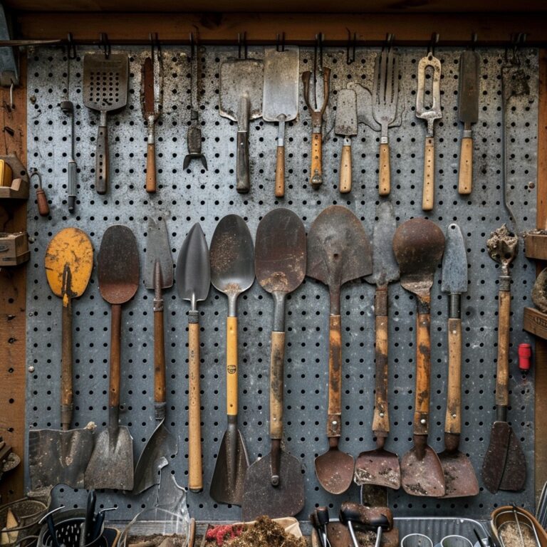 Shed wall with shovels on hooks.