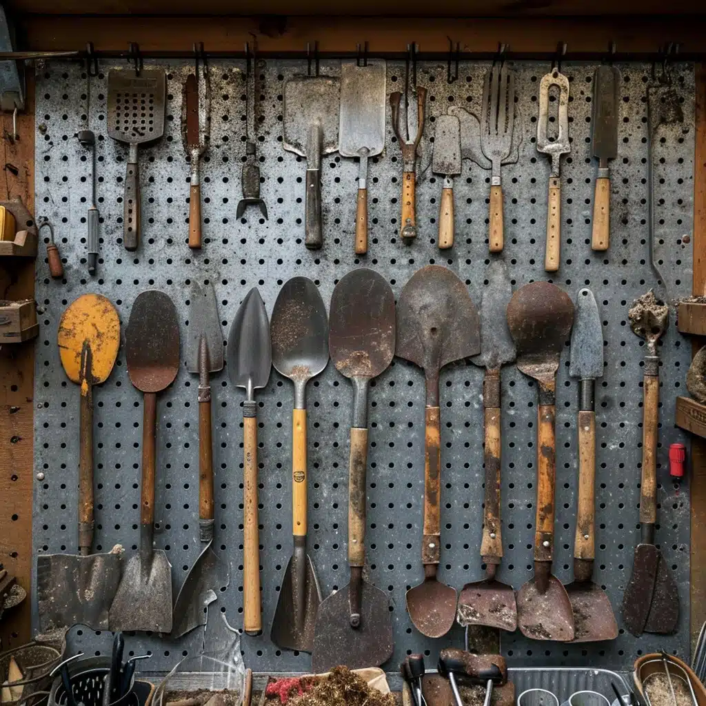 Shed wall with shovels on hooks.