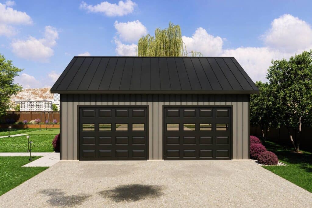 Pro Series two-car Garage in beige/gray in driveway with landscaping