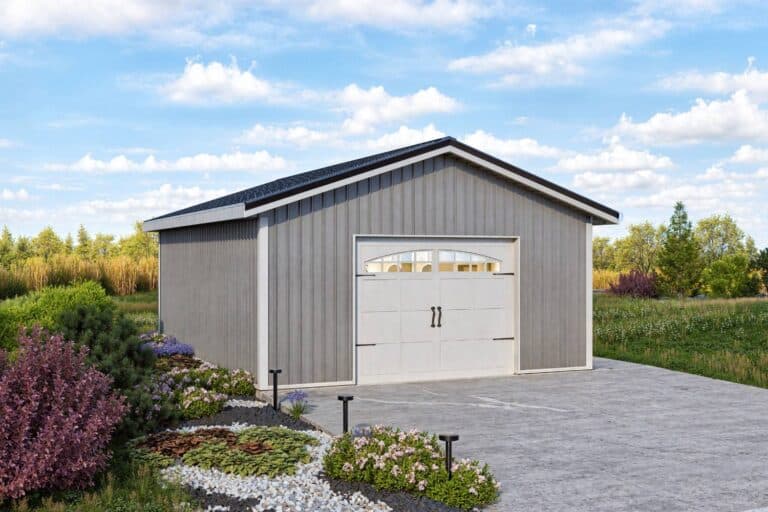 Value series one-car garage in driveway with landscaping